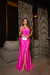 Vestido de festa longo alça com brilho, decote em V, detalhe em nó e fenda frontal - Rosa Pink - comprar online