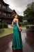 Vestido de festa longo alça com brilho, decote em V, detalhe em nó e fenda frontal - Verde Esmeralda - loja online