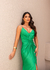 Vestido de festa longo alça com brilho, decote em V, detalhe em nó e fenda frontal - Verde Bandeira na internet
