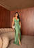 Vestido de festa longo alça com brilho, decote em V, detalhe em nó e fenda frontal - Verde Oliva Claro - comprar online