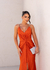 Vestido de festa longo alça com brilho, decote em V, detalhe em nó e fenda frontal - Laranja - Muzza | Vestidos de Festa para Madrinhas, Formandas e Convidadas