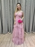 Vestido de festa longo alça, decote em V, saia em camadas - Rose