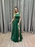 Vestido de festa longo decote quadrado, saia fluida e fenda - Verde Bandeira - comprar online