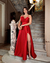 Vestido de festa longo alça, detalhe no busto, saia evasê e fenda - Vermelho