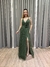 Vestido de festa longo com decote em V, aplicação de flor e fenda - Verde Oliva