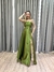 Vestido de festa longo tomara que caia com saia evasê e fenda - Verde Oliva