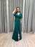 Vestido de festa longo manga curta com drapeado e fenda frontal - Verde Esmeralda - comprar online