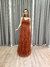 Vestido de festa longo com alça, decote drapeado e babado - Terracota - comprar online