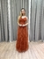 Vestido de festa longo com alça, decote drapeado e babado - Terracota