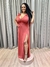 Vestido de festa longo com laço na alça, decote em V, fenda e brilho - Terracota - comprar online