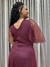 Vestido de festa longo manga em tule, decote em V e fenda - Marsala