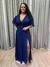 Vestido de festa longo manga curta, fenda e tecido fluido - Azul Marinho na internet