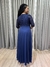 Vestido de festa longo manga curta com renda no busto e saia fluida - Azul Marinho - loja online