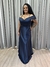 Vestido de festa longo com alça e faixa no no busto e ombro, com bolso - Azul Marinho - comprar online
