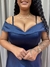 Vestido de festa longo com alça e faixa no no busto e ombro, com bolso - Azul Marinho
