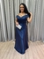Vestido de festa longo com alça e faixa no no busto e ombro, com bolso - Azul Marinho