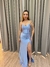 Vestido de festa longo alça com corselete, drapeado, fenda e trançado nas costas - Azul Serenity