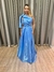 Vestido de festa longo nula manga com laço no ombro, saia evasê e fenda - Azul Serenity
