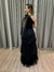 Vestido de festa longo nula manga, com saia em camadas - Preto