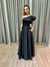 Vestido de festa longo nula manga, com babado estruturado e com bolso - Preto