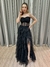 Vestido de festa longo tomara que caia, corselete com transparência , saia com babado e fenda - Preto na internet