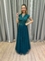 Vestido de festa longo com marga curta, renda e saia fluida - Verde Petróleo