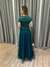 Vestido de festa longo com marga curta, renda e saia fluida - Verde Petróleo - loja online