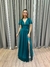Vestido de festa longo com manga curta, transpassado no busto e fenda - Verde Petróleo
