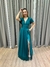 Vestido de festa longo com manga curta, transpassado no busto e fenda - Verde Petróleo - comprar online