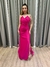 Vestido de festa longo alça com brilho, decote em V, drapeado e fenda lateral - Rosa Pink na internet