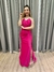Vestido de festa longo alça com brilho, decote em V, drapeado e fenda lateral - Rosa Pink - comprar online