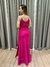Vestido de festa longo alça com brilho, decote em V, drapeado e fenda lateral - Rosa Pink - loja online