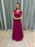 Vestido de festa longo com marga curta, renda e saia fluida - Fucsia - loja online