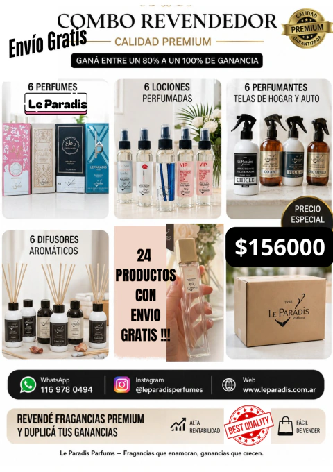 Combo revendedor 6 perfumes y 6 aromatizantes, 6 difusores y 6 Body