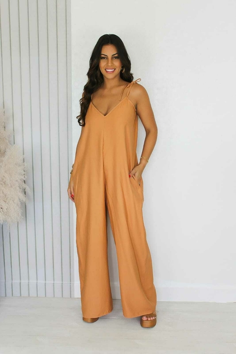 Macacão gola V alça nude - comprar online