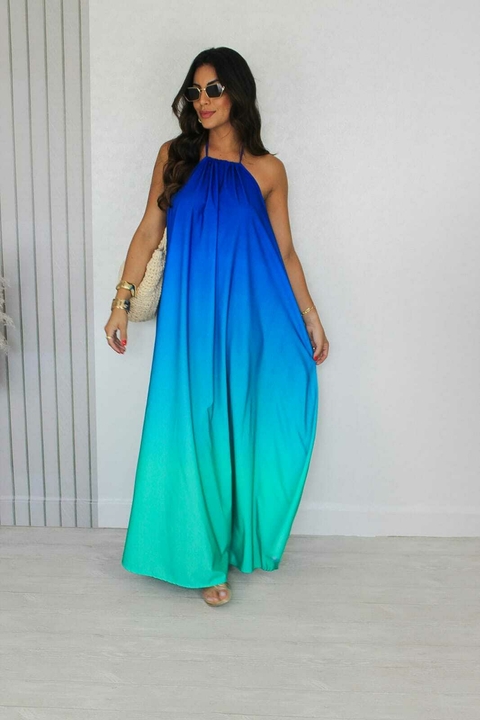 Vestido degrade longo frente única azul - comprar online