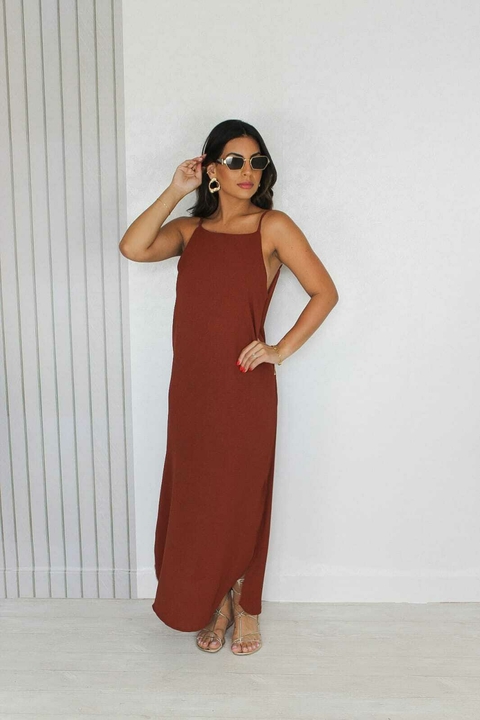 Vestido longo soltinho costas decote V terracota - comprar online