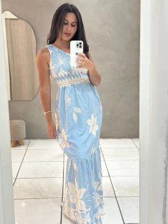 Vestido Longo Azul Bebê Nula Manga Estampado Elastéc - Closet Liê