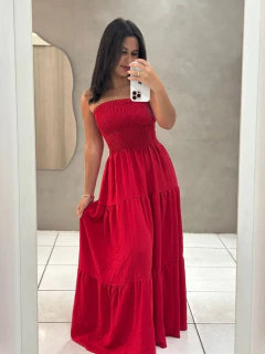 Vestido Longo Vermelho Tomara Que Caia Elastec Liso Básico Natal - Closet Liê