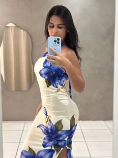 Vestido Mid Frente Única Amarração Pescoço Estampado Malha Lins - loja online