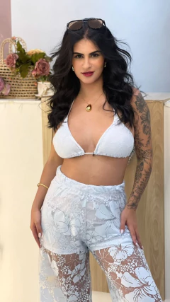 Conjunto Biquíni Top e Calça Saída de Praia Renda Branco