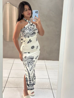 Vestido Mid Frente Única Amarração Pescoço Estampado Malha Lins - comprar online