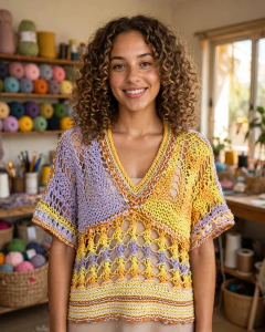 Blusa de tricô em tons amarelo e lilás com pontos rendados e gola em V