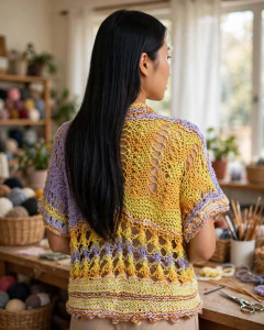 Blusa de tricô em tons amarelo e lilás com pontos rendados e gola em V