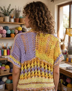 Blusa de tricô em tons amarelo e lilás com pontos rendados e gola em V