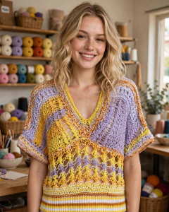 Blusa de tricô em tons amarelo e lilás com pontos rendados e gola em V