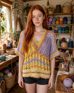 Blusa de tricô em tons amarelo e lilás com pontos rendados e gola em V