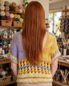 Blusa de tricô em tons amarelo e lilás com pontos rendados e gola em V
