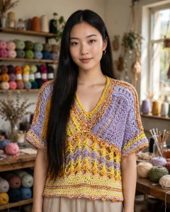 Blusa de tricô em tons amarelo e lilás com pontos rendados e gola em V