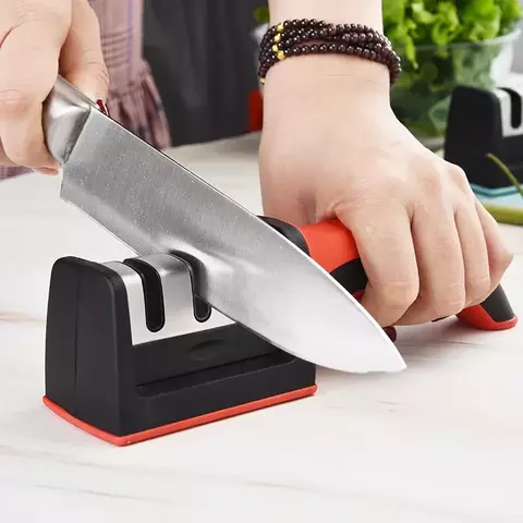 Afilador de cuchillos de 3 segmentos para cocina, piedra de afilar multifuncional de mano, tres usos. Producto Internacional.